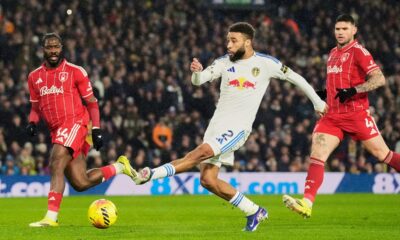 Leeds United's Jayden Bogle scores their first goal during the English Premier League soccer match between Leeds United and Nottingham Forest in Leeds, England, Friday Feb. 6, 2026. (Danny Lawson/PA via AP)