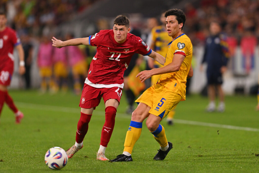ANDRIJA MAKSIMOVIC fudbaler reprezentacije Srbije na utakmici kvalifikacija za FIFA Svetsko prvenstvo protiv MAX LLOVERA Maks Ljovera iz Andore na stadionu Dubocica, Leskovac 10.06.2025. godine Foto: Marko Metlas
Fudbal, Reprezentacija, Srbija, Andora, Kvalifikacije za Svetsko prvenstvo