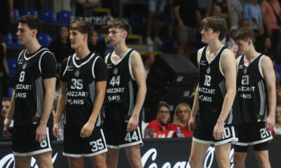 MITAR BOSNJAKOVIC, LUKAS NIKOLA BOJOVIC, UROS DANILOVIC, UROS MIJAILOVIC, DJORDJE SEKULARAC kosarkasi Partizana na utakmici Open air turnira protiv Makabija Tel Aviv u hali Aleksandar Nikolic Pionir, Beograd 13.09.2025. godine Foto: MN PRESS Kosarka, Partizan, Open air turnir, Makabi Tel Aviv