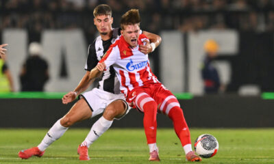 VASILIJE KOSTOV fudbaler Crvene zvezde na utakmici Superlige Prvenstva Srbije protiv NIKOLA SIMIC iz Partizana na stadionu Partizana, Beograd, 20.09.2025. godine Foto: Marko Metlas Fudbal, Crvena zvezda, Superliga Prvenstvo Srbije, Partizan