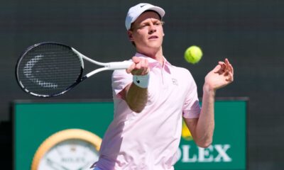 Jannik Sinner, of Italy, returns a shot against Alexander Zverev, of Germany, during a semifinal match at the BNP Paribas Open tennis tournament, Saturday, March 14, 2026, in Indian Wells, Calif. (AP Photo/Mark J. Terrill)