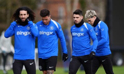 From left, Chelsea's Marc Cucurella, Enzo Fernandez, Pedro Neto and Alejandro Garnacho during a training session in Stoke d'Abernon, England, Monday, March 16, 2026, ahead of the Champions League soccer match against Paris Saint-Germain. (Ben Whitley/PA via AP)