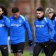 From left, Chelsea's Marc Cucurella, Enzo Fernandez, Pedro Neto and Alejandro Garnacho during a training session in Stoke d'Abernon, England, Monday, March 16, 2026, ahead of the Champions League soccer match against Paris Saint-Germain. (Ben Whitley/PA via AP)