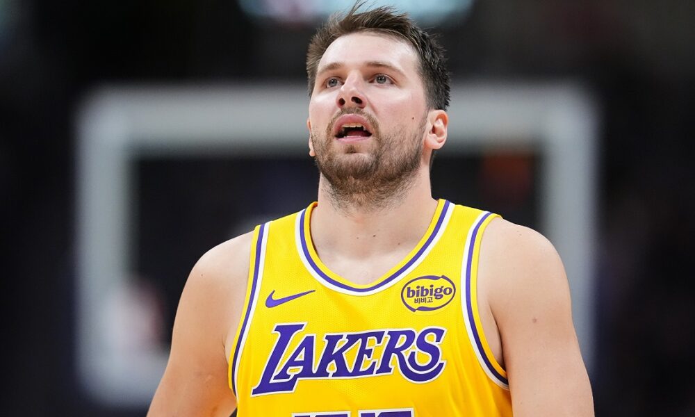 Los Angeles Lakers guard Luka Dončić reacts as time runs out in the second half of an NBA basketball game against the Denver Nuggets Thursday, March 5, 2026, in Denver. (AP Photo/David Zalubowski)