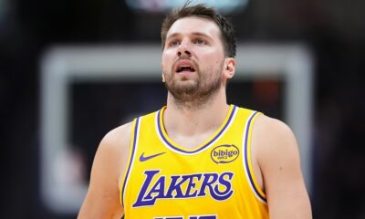 Los Angeles Lakers guard Luka Dončić reacts as time runs out in the second half of an NBA basketball game against the Denver Nuggets Thursday, March 5, 2026, in Denver. (AP Photo/David Zalubowski)