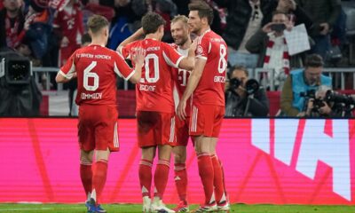 Bayern's Konrad Laimer, center, celebrates after scoring his side's second goal during the Bundesliga soccer match between FC Bayern Munich and Borussia Moenchengladbach in Munich, Germany, March 6, 2026. (AP Photo/Matthias Schrader)