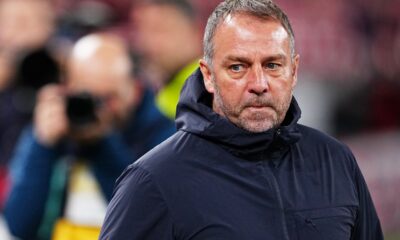 Barcelona's head coach Hansi Flick looks on prior to the Spanish La Liga soccer match between Athletic Bilbao and Barcelona in Bilbao, Spain, Saturday, March 7, 2026. (AP Photo/Miguel Oses)
