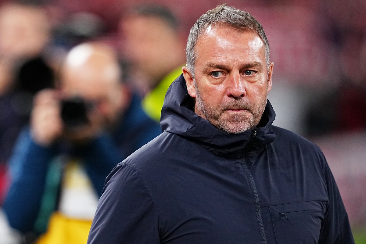 Barcelona's head coach Hansi Flick looks on prior to the Spanish La Liga soccer match between Athletic Bilbao and Barcelona in Bilbao, Spain, Saturday, March 7, 2026. (AP Photo/Miguel Oses)
