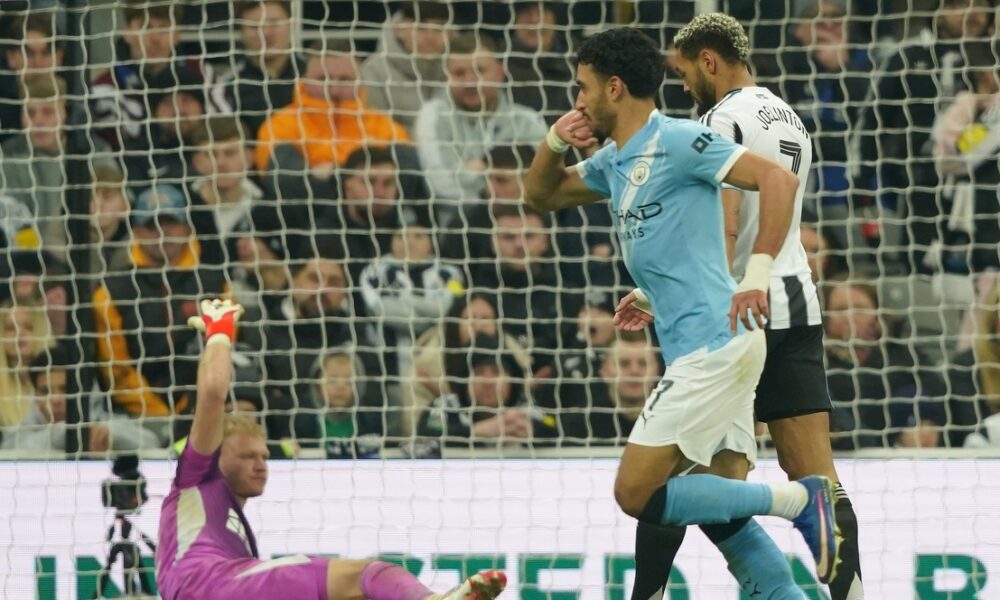 Manchester City's Omar Marmoush celebrates after scoring during the fifth round FA Cup soccer match between Newcastle and Manchester City in Newcastle, England, Saturday, March 7, 2026. (AP Photo/Ian Hodgson)