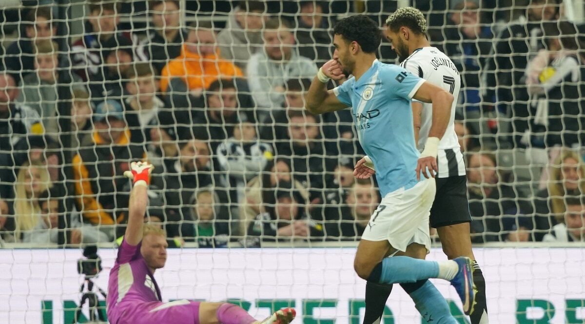 Manchester City's Omar Marmoush celebrates after scoring during the fifth round FA Cup soccer match between Newcastle and Manchester City in Newcastle, England, Saturday, March 7, 2026. (AP Photo/Ian Hodgson)