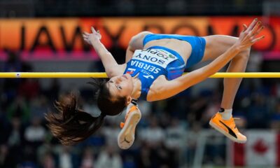 Angelina Topic, of Serbia, competes during the women's high jump final at the World Athletics Indoor Championships in Torun, Poland, Friday, March 20, 2026. (AP Photo/Matthias Schrader)