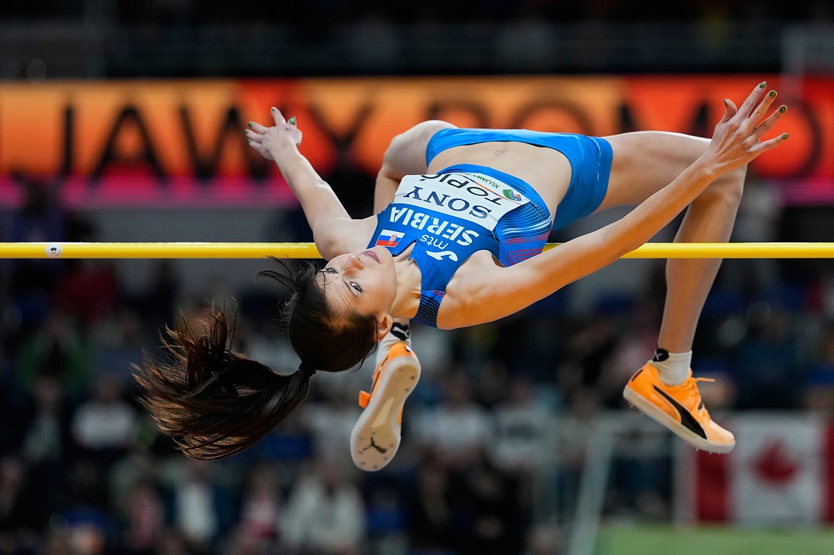 Angelina Topic, of Serbia, competes during the women's high jump final at the World Athletics Indoor Championships in Torun, Poland, Friday, March 20, 2026. (AP Photo/Matthias Schrader)