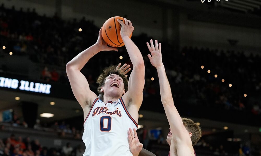Illinois forward David Mirkovic (0) looks to pass during the first half in the first round of the NCAA college basketball tournament against Pennsylvania, Thursday, March 19, 2026, in Greenville, S.C. (AP Photo/Brynn Anderson)