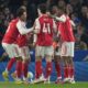 Arsenal players celebrate after a goal during the Premier League soccer match between Brighton and Arsenal in Brighton, England, Wednesday, March 4, 2026. (AP Photo/Alastair Grant)