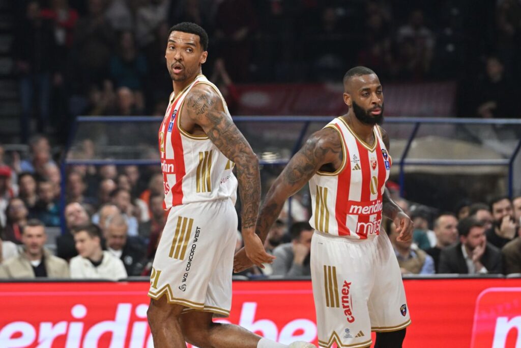 JOEL BOLOMBOY Zoel Bolomboj i CODI MILLER MCINTYRE Kodi Miler Mekintajer kosarkasi Crvene zvezde na utakmici Jadranske ABA lige protiv Partizana u hali Beogradska arena, Beograd 22.03.2026. godine Foto: Marko Metlas Kosarka, Partizan, Jadranska ABA liga, Crvena zvezda