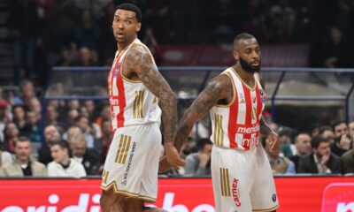JOEL BOLOMBOY Zoel Bolomboj i CODI MILLER MCINTYRE Kodi Miler Mekintajer kosarkasi Crvene zvezde na utakmici Jadranske ABA lige protiv Partizana u hali Beogradska arena, Beograd 22.03.2026. godine Foto: Marko Metlas Kosarka, Partizan, Jadranska ABA liga, Crvena zvezda