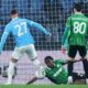 Lazio's Daniel Maldini, left, scores during the Serie A soccer match between Lazio and Sassuolo in Rome, Italy, Monday March 9, 2026. (Alfredo Falcone/LaPresse via AP)