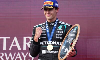 Mercedes driver George Russell of Britain celebrates after winning the Australian Formula One Grand Prix at Albert Park, in Melbourne, Australia, Sunday, March 8, 2026. (AP Photo/Scott Barbour)