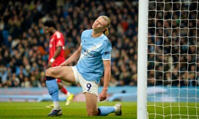Manchester City's Erling Haaland reacts after missing a chance during the English Premier League soccer match between Manchester City and Nottingham Forest in Manchester, England, Wednesday, March 4, 2026. (AP Photo/Dave Thompson)