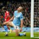Manchester City's Erling Haaland reacts after missing a chance during the English Premier League soccer match between Manchester City and Nottingham Forest in Manchester, England, Wednesday, March 4, 2026. (AP Photo/Dave Thompson)
