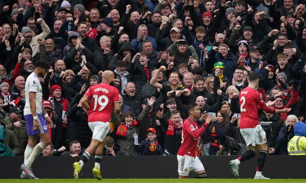 Manchester United's Casemiro, center, celebrates after a goal during the Premiier League soccer match between Manchester United and Aston Villa in Manchester, England, Sunday, March 15, 2026. (AP Photo/Dave Thompson)