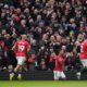 Manchester United's Casemiro, center, celebrates after a goal during the Premiier League soccer match between Manchester United and Aston Villa in Manchester, England, Sunday, March 15, 2026. (AP Photo/Dave Thompson)