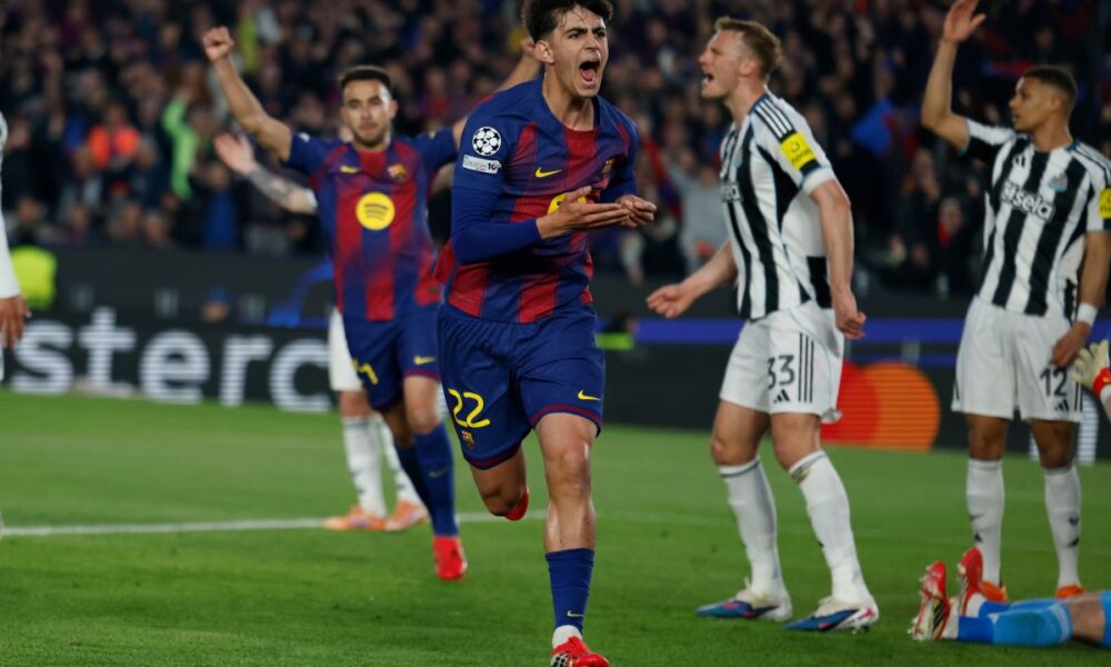 Barcelona's Marc Bernal celebrates after scoring his side's second goal during the Champions League round of 16, second leg soccer match between FC Barcelona and Newcastle United FC in Barcelona, Spain, Wednesday, March 18, 2026. (AP Photo/Joan Monfort)
