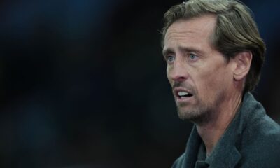 Former Chelsea player Peter Crouch arrives for the English Premier League soccer match between Aston Villa and Chelsea in Birmingham, England, Wednesday, March 4, 2026. (AP Photo/Dave Shopland)