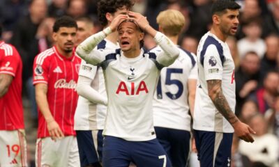 Tottenham's Xavi Simons reacts during the English Premier League soccer match between Tottenham Hotspur and Nottingham Forest in London, Sunday, March 22, 2026. (AP Photo/Dave Shopland)