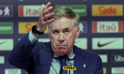 Brazil's national soccer team head coach Carlo Ancelotti announces the players who will play friendly matches against France and Croatia in preparation for the upcoming World Cup, in Rio de Janeiro, Monday, March 16, 2026. (AP Photo/Silvia Izquierdo)