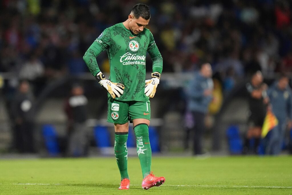 FILE - Goalkeeper Luis Malagon of Mexico's America reacts after a goal by Mexico's Cruz Azul during a CONCACAF Champions Cup second leg quarterfinal soccer match in Mexico City, April 8, 2025. (AP Photo/Eduardo Verdugo, File)