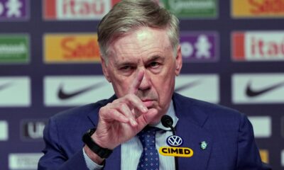 Brazil's national soccer team head coach Carlo Ancelotti announces the players who will play friendly matches against France and Croatia in preparation for the upcoming World Cup, in Rio de Janeiro, Monday, March 16, 2026. (AP Photo/Silvia Izquierdo)