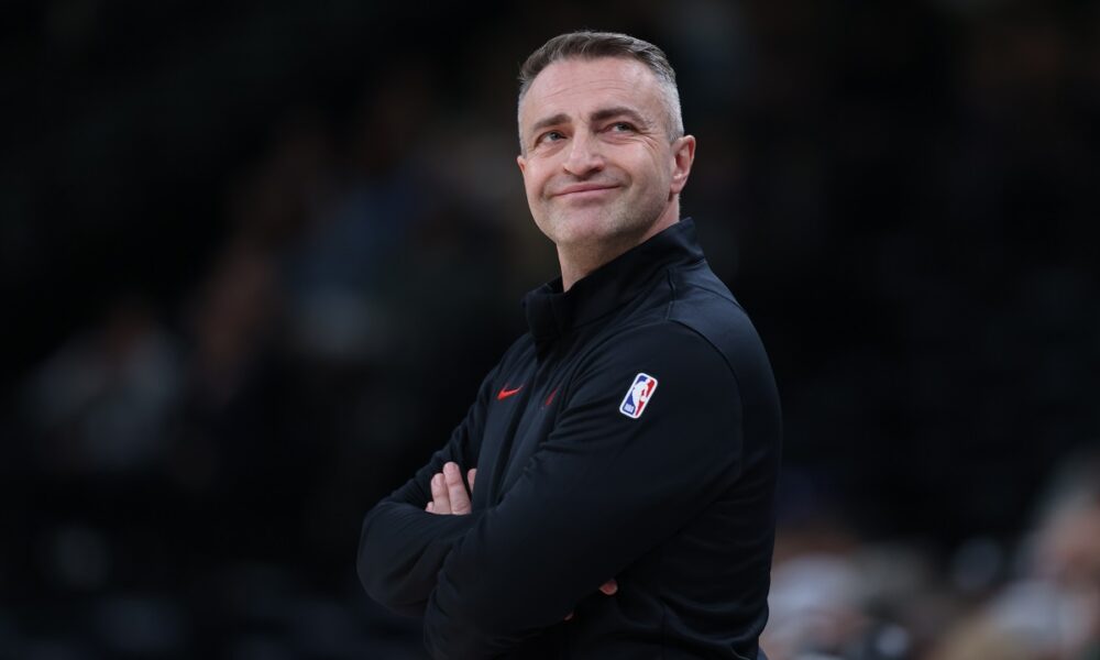 Toronto Raptors head coach Darko Rajakovic looks on during the first half of an NBA basketball game against the Utah Jazz, Monday, March 23, 2026, in Salt Lake City. (AP Photo/Rob Gray)