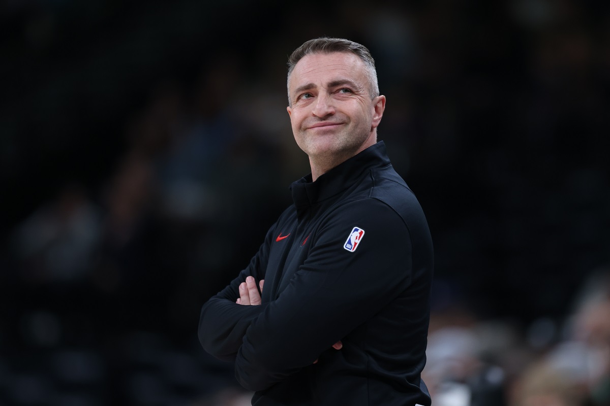 Toronto Raptors head coach Darko Rajakovic looks on during the first half of an NBA basketball game against the Utah Jazz, Monday, March 23, 2026, in Salt Lake City. (AP Photo/Rob Gray)