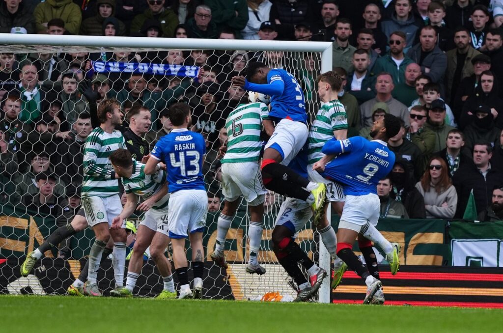 Rangers' Emmanuel Fernandez scores his side's first goal of the game, during the Scottish Cup quarterfinal soccer match between Rangers and Celtic, in Glasgow, Scotland, Sunday March 8, 2026. (Andrew Milligan/PA via AP)