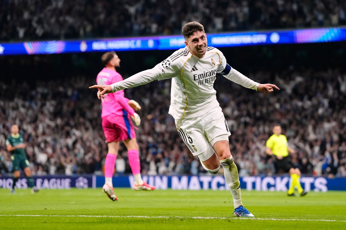 Real Madrid's Federico Valverde celebrates after scoring during a first leg round of 16 Champions League soccer match between Real Madrid and Manchester City in Madrid, Spain, Wednesday, March 11, 2026. (AP Photo/Jose Breton)