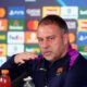 Barcelona manager Hansi Flick attends a press conference at St. James' Park, Newcastle upon Tyne, England, Monday March 9, 2026, ahead of the Champions League soccer match between Newcastle United and Barcelona on Tuesday. (Owen Humphreys/PA via AP)