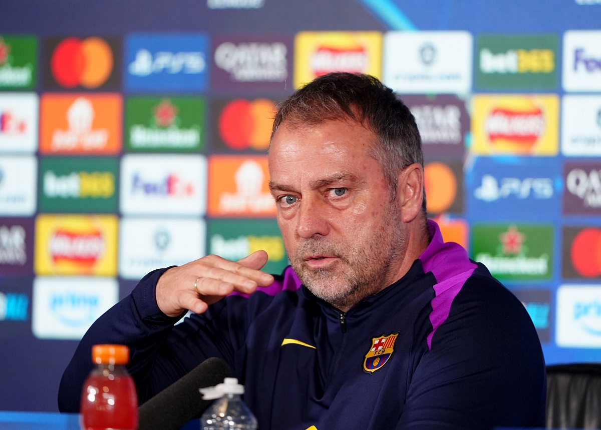 Barcelona manager Hansi Flick attends a press conference at St. James' Park, Newcastle upon Tyne, England, Monday March 9, 2026, ahead of the Champions League soccer match between Newcastle United and Barcelona on Tuesday. (Owen Humphreys/PA via AP)