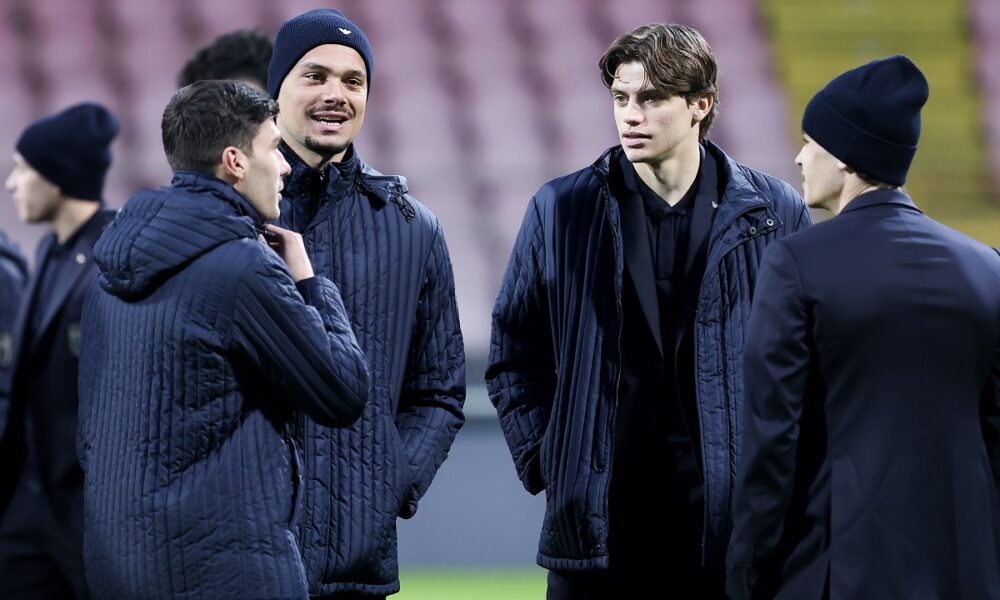 Italy's Marco Palestra, right, walks on the pitch ahead of Tuesday's World Cup playoff final soccer match against Bosnia, at the Bilino Polje stadium, in Zenica, Bosnia, Monday, March 30, 2026. (AP Photo/Armin Durgut)