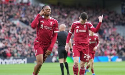 Liverpool's Rio Ngumoha celebrates after scoring his side's opening goal during the English Premier League soccer match between Liverpool and Fulham in Liverpool, England, Saturday, April 11, 2026. (AP Photo/Jon Super)