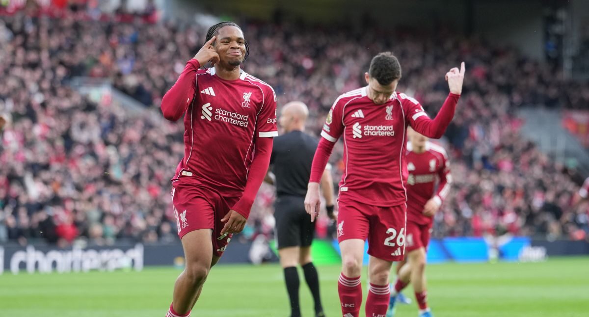 Liverpool's Rio Ngumoha celebrates after scoring his side's opening goal during the English Premier League soccer match between Liverpool and Fulham in Liverpool, England, Saturday, April 11, 2026. (AP Photo/Jon Super)