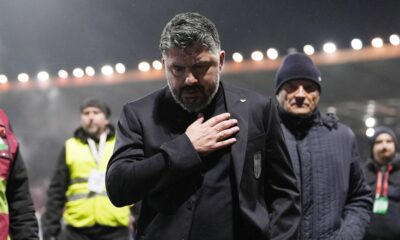 Italy's coach Gennaro Gattuso walks off the pitch after losing in a World Cup qualifying playoff final soccer match between Bosnia and Italy in Zenica, Bosnia, Tuesday, March 31, 2026. (Fabio Ferrari/LaPresse via AP)
