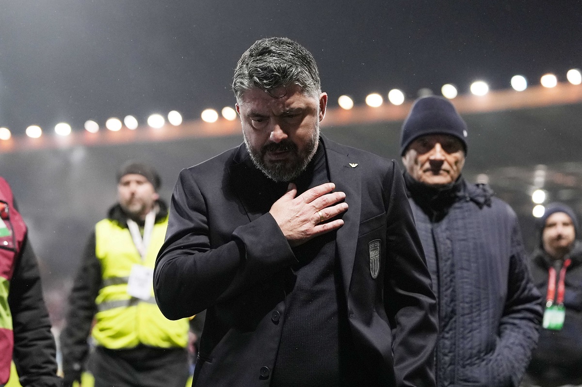 Italy's coach Gennaro Gattuso walks off the pitch after losing in a World Cup qualifying playoff final soccer match between Bosnia and Italy in Zenica, Bosnia, Tuesday, March 31, 2026. (Fabio Ferrari/LaPresse via AP)