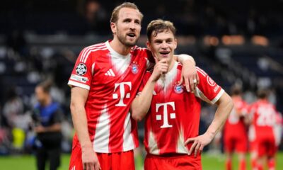 Bayern's Harry Kane, left, and teammate Joshua Kimmich look at the fans after the Champions League quarterfinal first leg soccer match between Real Madrid and Bayern Munich in Madrid, Spain, Tuesday, April 7, 2026. (AP Photo/Jose Breton)