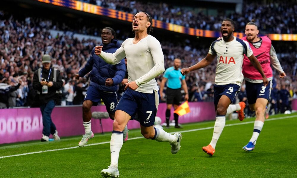 Tottenham Hotspur's Xavi Simons celebrates scoring their side's second goal of the game during their English Premier League soccer match against Brighton & Hove Albion in London, Saturday, April 18, 2026. (Jordan Pettitt/PA via AP)