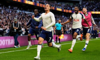 Tottenham Hotspur's Xavi Simons celebrates scoring their side's second goal of the game during their English Premier League soccer match against Brighton & Hove Albion in London, Saturday, April 18, 2026. (Jordan Pettitt/PA via AP)