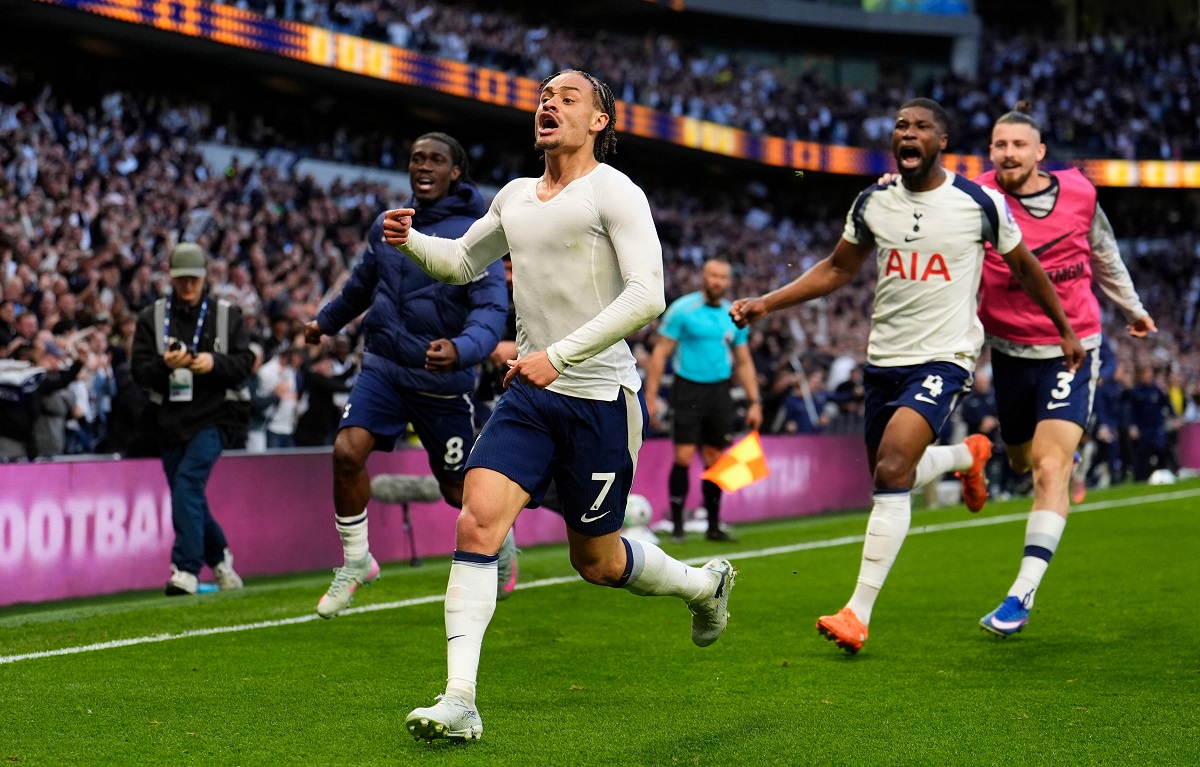 Tottenham Hotspur's Xavi Simons celebrates scoring their side's second goal of the game during their English Premier League soccer match against Brighton & Hove Albion in London, Saturday, April 18, 2026. (Jordan Pettitt/PA via AP)