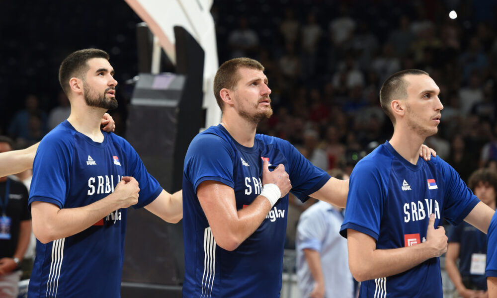 DUSAN RISTIC, NIKOLA JOKIC, ALEKSEJ POKUSEVSKI, kosarkasi Srbije, na prijateljskoj utakmici protiv Japana, u Beogradskoj areni. Beograd, 21.07.2024. foto: Nebojsa Parausic Kosarka, Srbija, Japan
