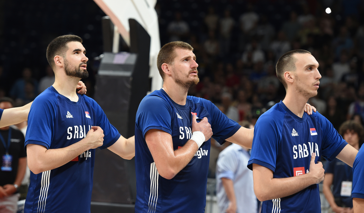 DUSAN RISTIC, NIKOLA JOKIC, ALEKSEJ POKUSEVSKI, kosarkasi Srbije, na prijateljskoj utakmici protiv Japana, u Beogradskoj areni. Beograd, 21.07.2024. foto: Nebojsa Parausic Kosarka, Srbija, Japan