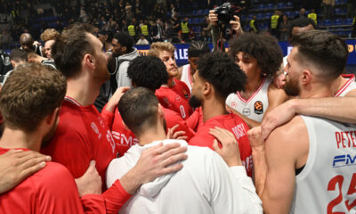 RADOST kosarkasa Olimpijakosa Pirej na utakmici Evrolige protiv Partizana u hali Aleksandar Nikolic Pionir, Beograd 14.01.2026. godine Foto: Marko Metlas Kosarka, Partizan, Evroliga, Olimpijakos Pirej